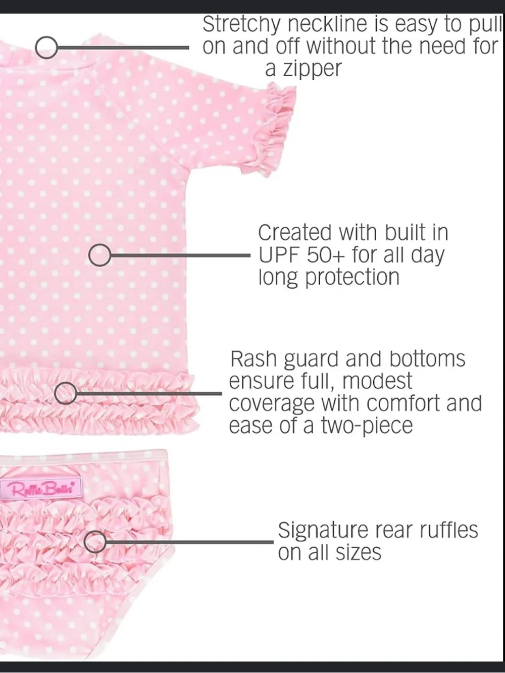 RuffleButts Toddler Girls Rash Guard 2-Piece Swimsuit Pink Polka Dot